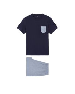 Pyjama short en coton - Non spécifié - Non spécifié - 100% coton - T-shirt marine - Short à carreaux