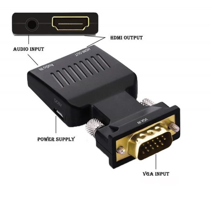 VGA à HDMI - Adaptateur convertisseur HD 1080P VGA vers HDMI, avec