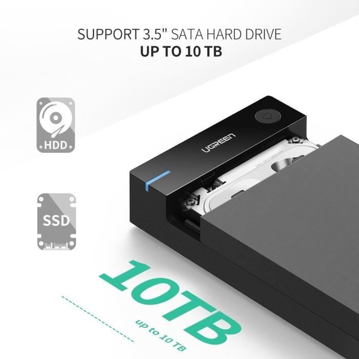 UGREEN USB 3.0 Boîtier Externe pour Disque Dur Externe 3.5 SATA HDD SSD 10  To Max, Haute Vitesse à 5Gbps, UASP Compatible