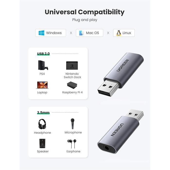 UGREEN Carte Son Externe Adaptateur USB Audio vers 3,5 mm Jack Compatible  avec PS5 PS4 Pro PS4 Slim Casque Gamer Enceinte Microphone