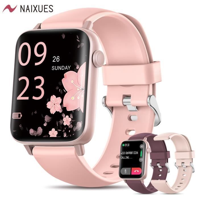 NAIXUES Montre Connectée Femme avec Appels Bluetooth 5.1 1.7'' 3D incurvé Montre  Sport 3 Bracelets IP68