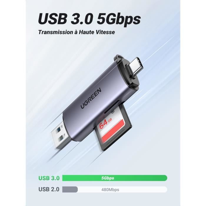 Lecteur Carte SD, 2 en 1 Adaptateur Micro SD USB 3.0 Haute Vitesse