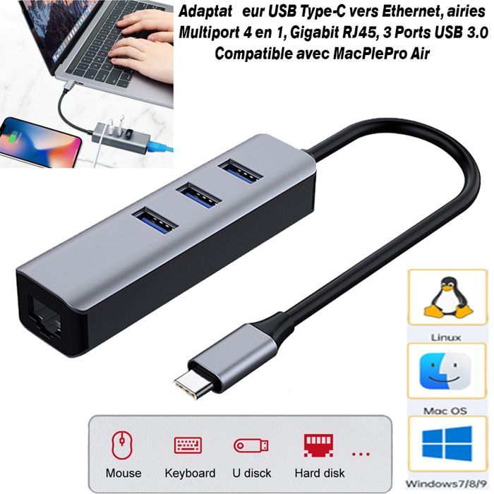 Adaptateur USB Type-C vers Ethernet LAN RJ45 1000Mbps Carte Réseau