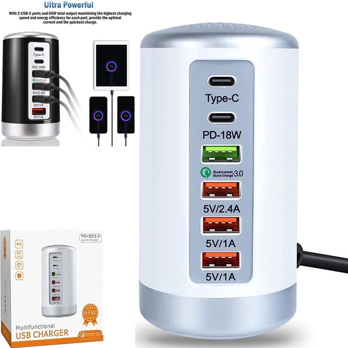 Batterie externe Power bank USB 65W, HUB à 6 ports, QC 3.0 Type C, Station  de