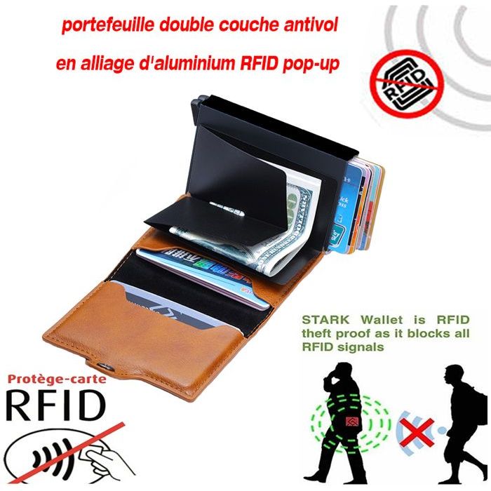 Portefeuille en cuir PU Porte-carte d'identité anti RFID, porte carte  capacité 14, porte-monnaie 