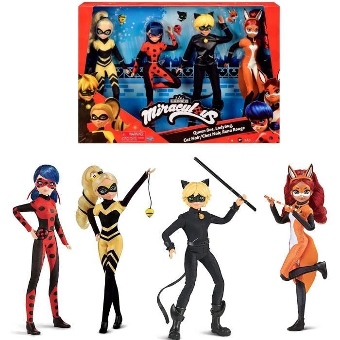 Pack de 4 poupées Miraculous 26cm - Ladybug, Chat Noir, Rena Rouge