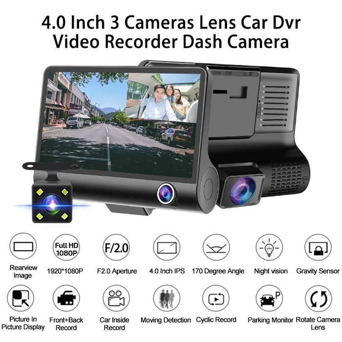 4.0 DVR Voiture 3 Caméra 1080P FHD Enregistreur Vidéo Car Dash cam Cam  Recorder