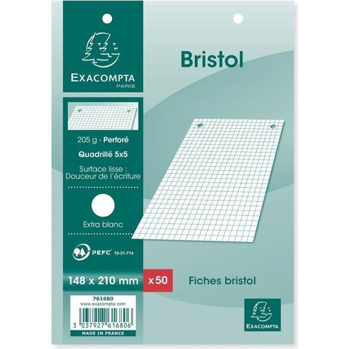 EXACOMPTA - 50 fiches Bristol blanches - 14,8 x 21 - Perforées - 5 x 5 -  Papier P.E.F.C. 205G