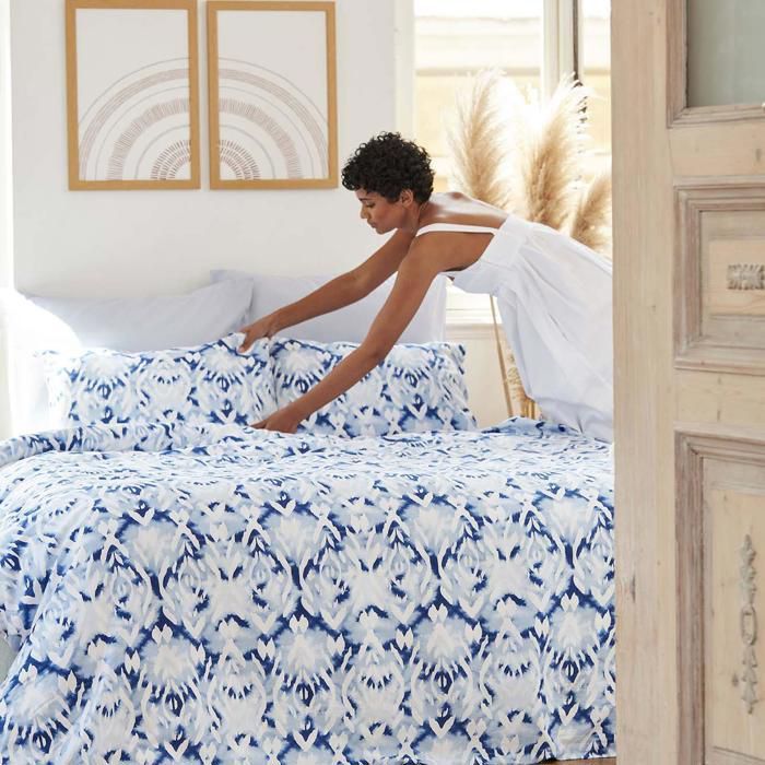 Parure de lit double 100 % coton satiné Ikat Bleu (200 x 220 cm)