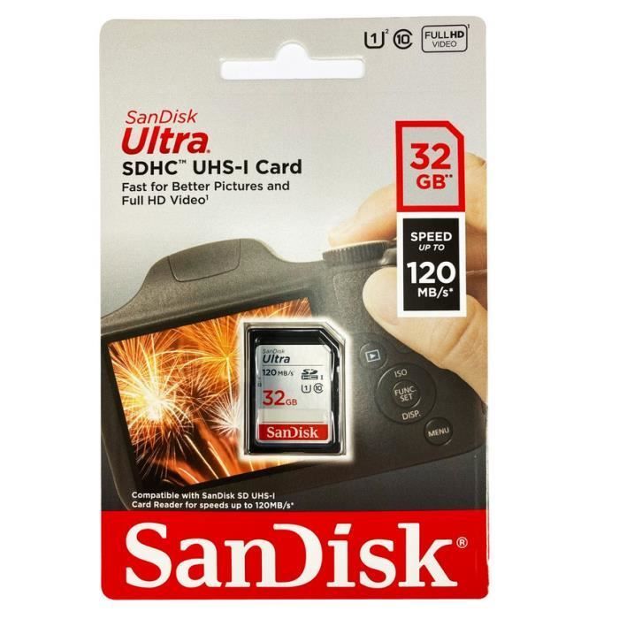Carte mémoire SDHC SanDisk Ultra 32 Go jusqu'à 120 Mo/s classe 10 UHS-I