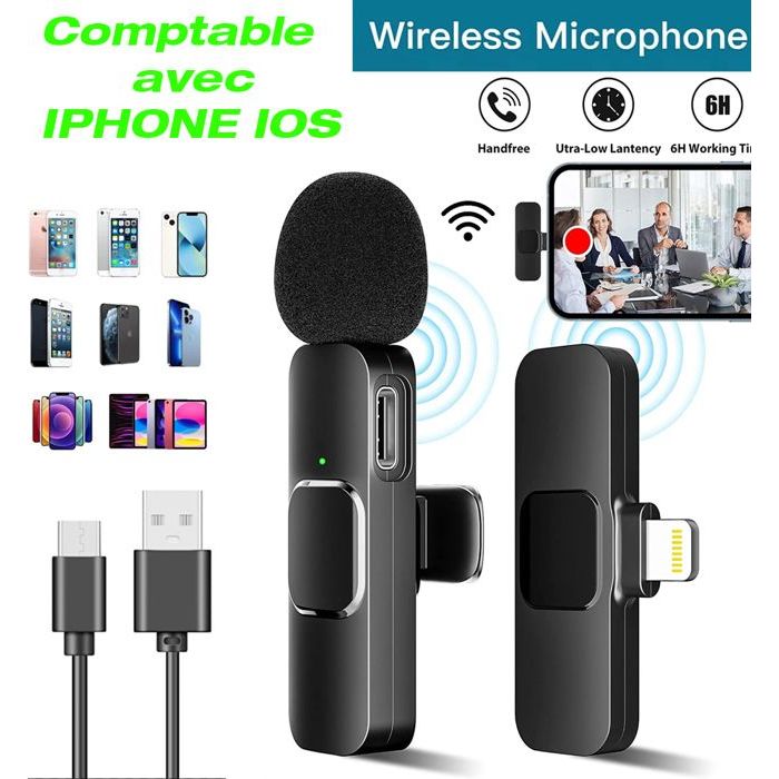Microphone sans fil K9 2.4G avec Clip micro Portable pour enregistrement  Audio et vidéo chat