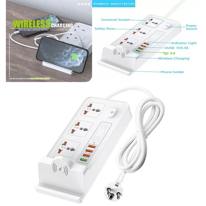 Multiprise intelligente avec chargeur sans fil 2USB + Charge rapide QC 3.0  prise de bureau Station