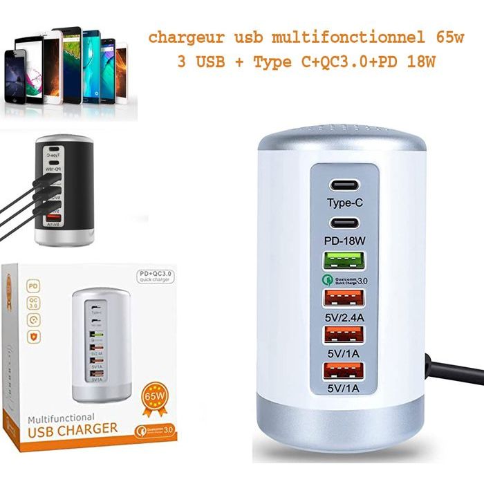 Chargeur USB TSV 65W 6 Ports USB Station de Charge Hub Chargeur