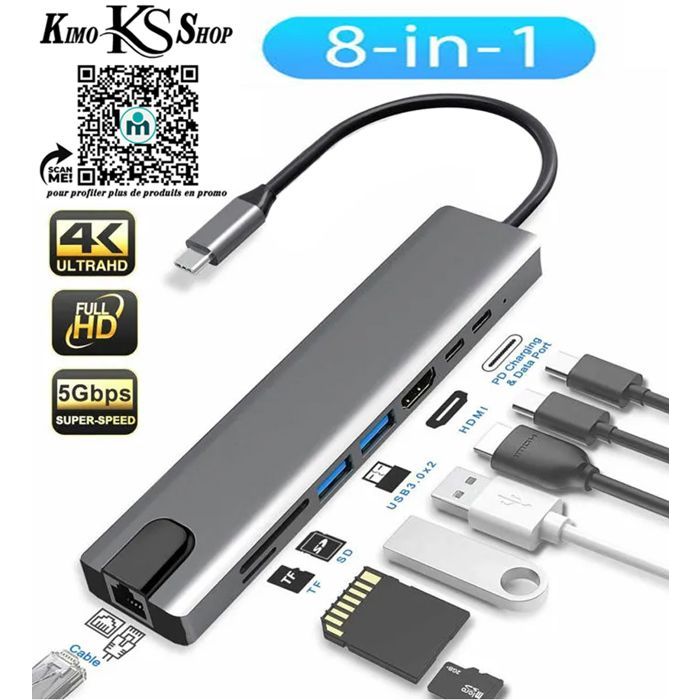 8 in 1 Station d'accueil USB Type C SD / Micro, port HDMI 4k pour ordinateur