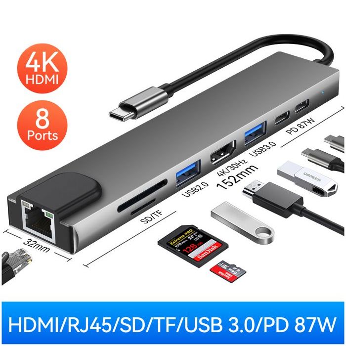 8 in 1 Station d'accueil USB Type C SD / Micro, port HDMI 4k pour  ordinateur portable, adaptateur pour Macbook