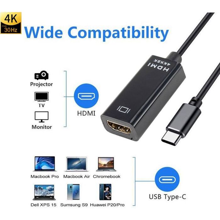 HDMI vers USB-C - Adaptateur USB-C vers HDMI - Adaptateur d'affichage TV -  Câble USB-C