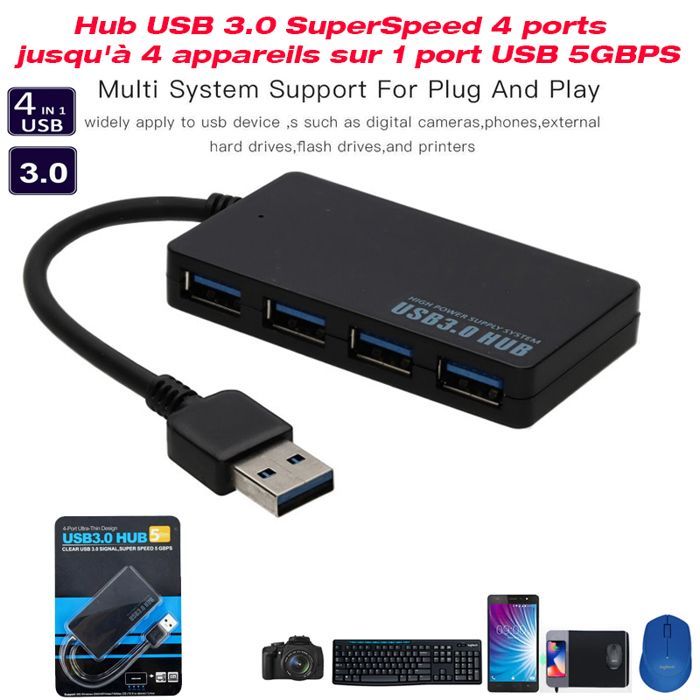 Multiple USB Hub USB 3.0 Super Speed ​​4 ports jusqu'à 4 appareils sur