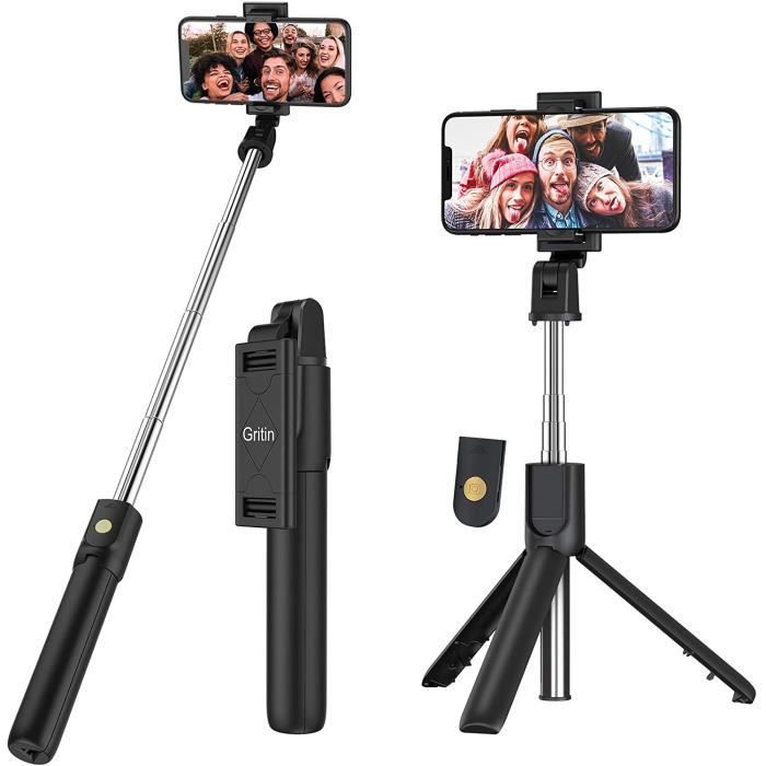 Perche Selfie Bluetooth, Gritin 3 en 1 Selfie Stick Trépied Bâton Selfie  Bluetooth Extensible Télescopique Monopode