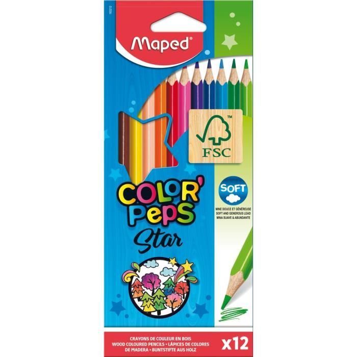 Maped - 12 Crayons de Couleur Color'Peps Star - Crayons en Bois FSC aux  Couleurs Vives - Pochette
